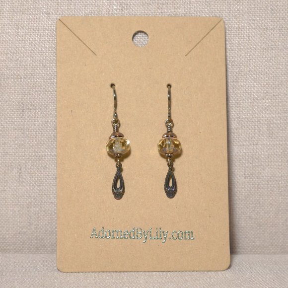 Hand Crafted Handmade Earrings Amber Czech Glass & Brass Petite Dangle E… - Picture 2 of 5
